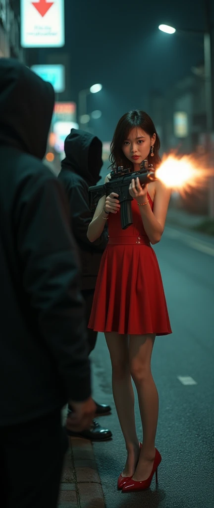 The women Waring a red dress and hold a gun with the background is Forest and another hand holding balloon and its writing it's my phone