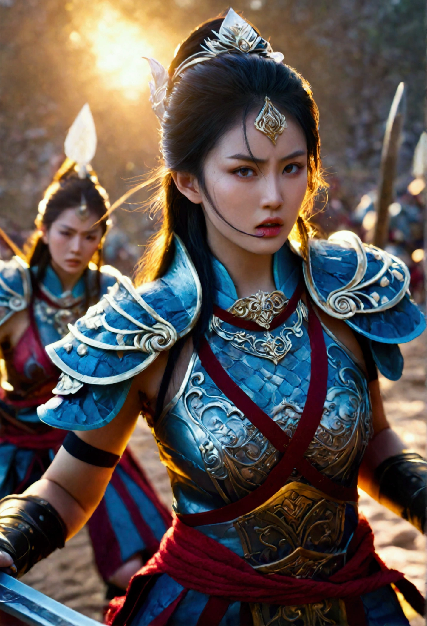 intricate detailed Asian princess, warrior girl,combat, holding halberd, battling monster army, (best quality,4k,8k,highres,masterpiece:1.2),ultra-detailed,(realistic,photorealistic,photo-realistic:1.37),fantasy,epic battle,dramatic lighting,cinematic composition,vivid colors,dynamic poses,extreme detail