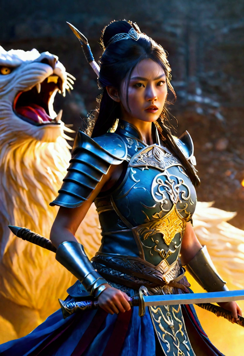 intricate detailed Asian princess, warrior girl,combat, holding halberd, battling monster army, (best quality,4k,8k,highres,masterpiece:1.2),ultra-detailed,(realistic,photorealistic,photo-realistic:1.37),fantasy,epic battle,dramatic lighting,cinematic composition,vivid colors,dynamic poses,extreme detail