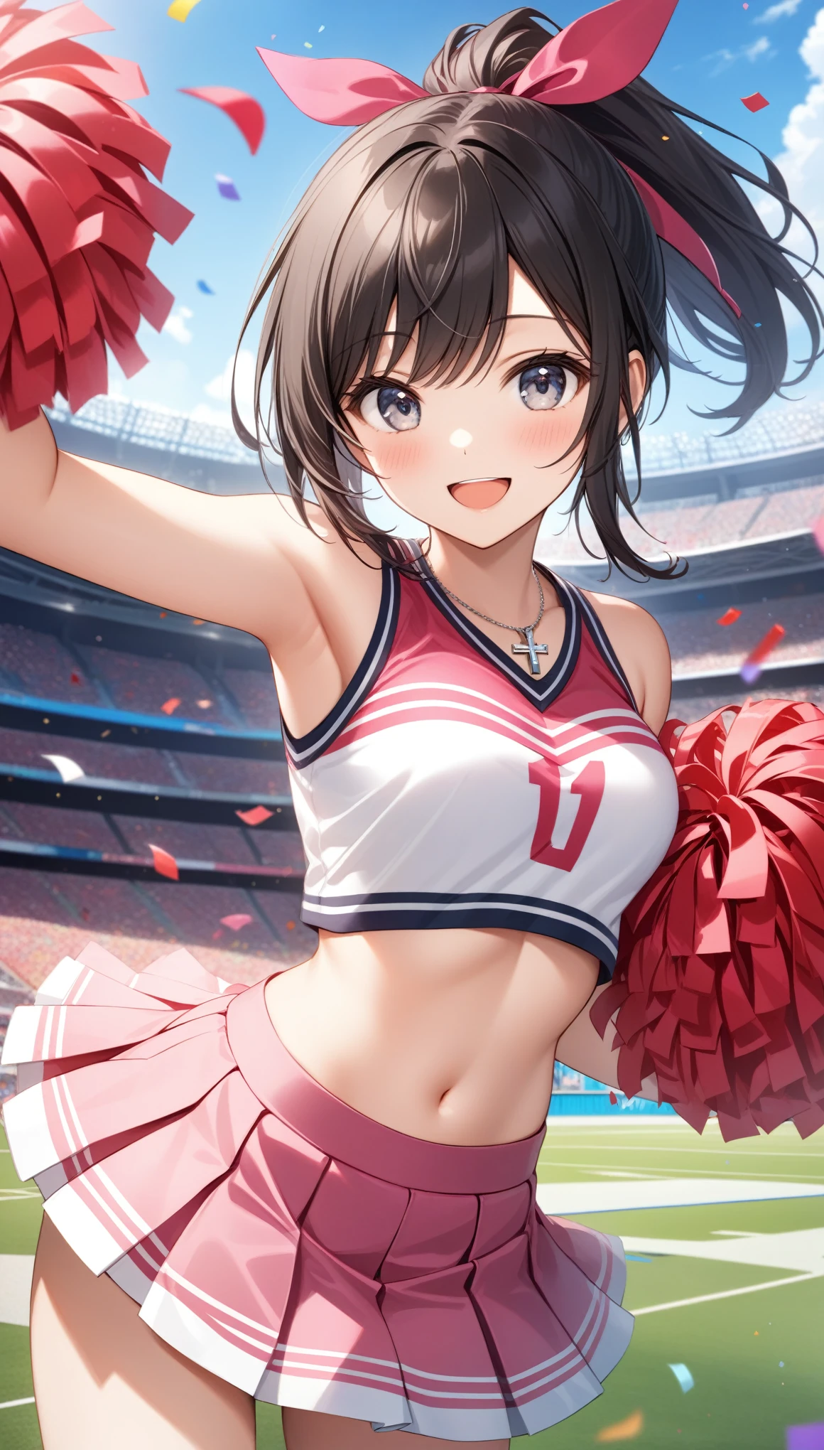 ((Highest quality))、((masterpiece))、(detailed)、((Anatomically correct))、One Woman、aldult、(look at me)、whole body、Low - Angle、(Ultra-glossy skin with attention to detail:1.1)、Glowing Skin、bangs、Semi-long hair、Shiny black hair、ponytail、(Beautiful Eyes:1.3)、Slim figure、medium breasts、cheer leading、(Underboob)、pom-pom、baseball Ground
