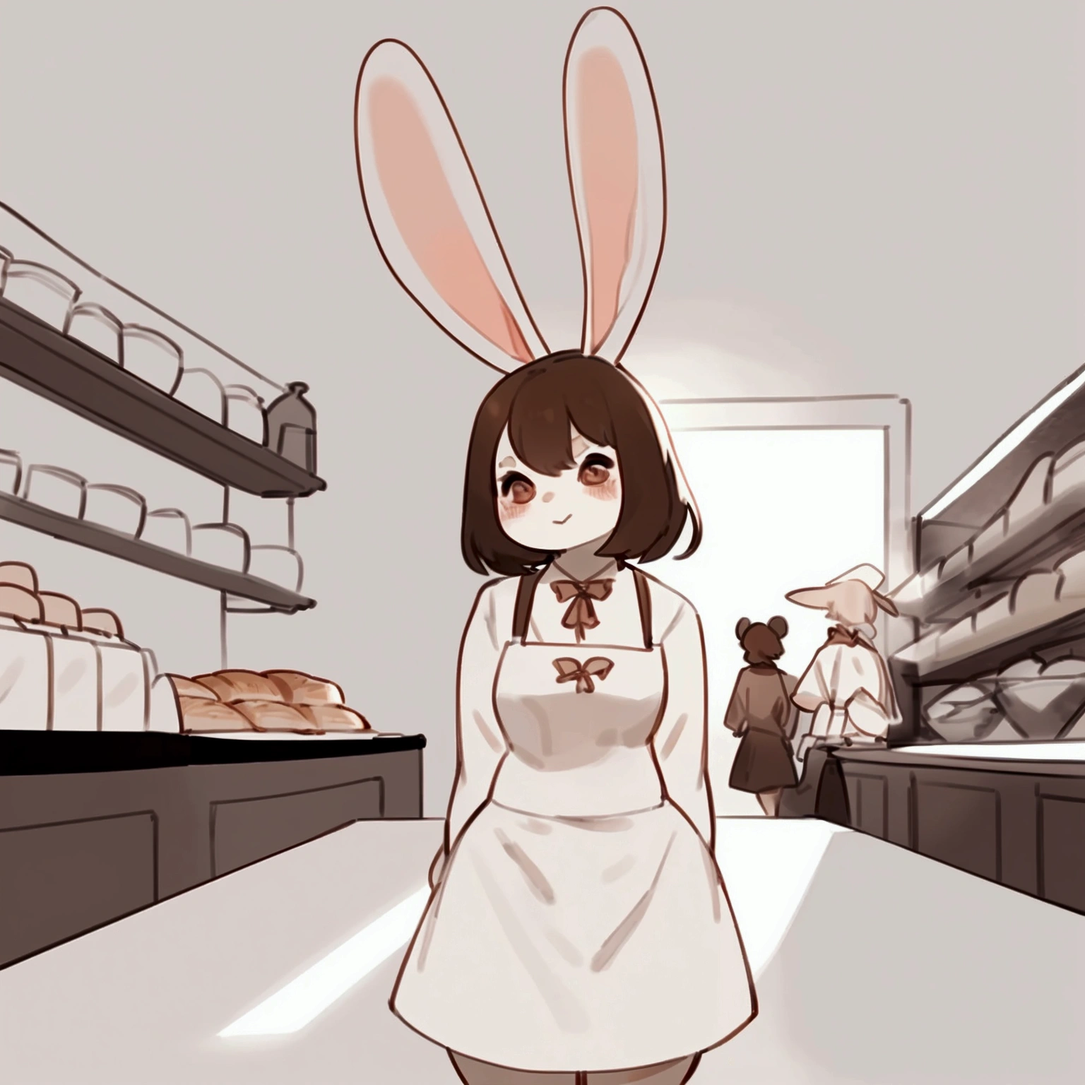 By bebebebebe, by spuydjeks, by buta99, by spikedmauler. a thicc brown female bunny wearing bakers clothing, covered in flour and inside a bakery