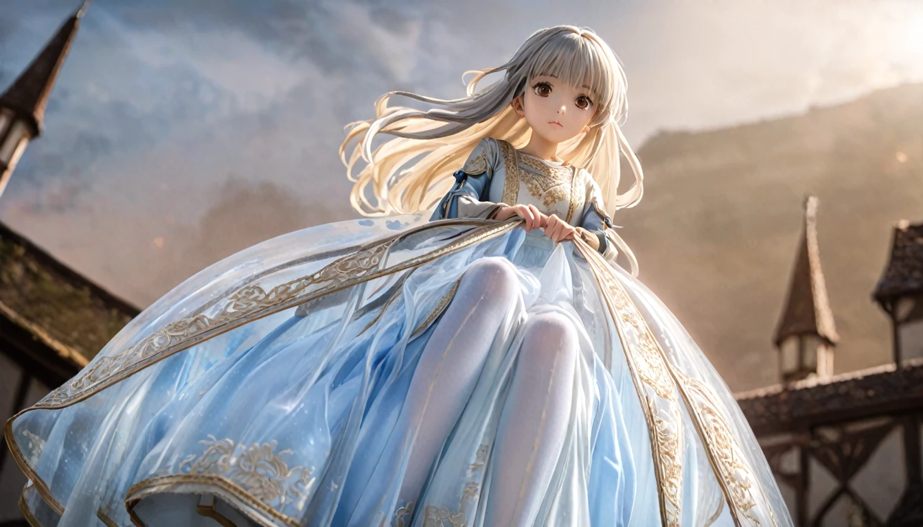 girl, Gold and silver embroidery, Light blue translucent medieval long dress（With panniers）, Translucent fabric, Pull up the dress by hand, Strong winds, Translucent slip, Translucent tights, Peeking from below, Highest quality, Disorder of clothing, sit