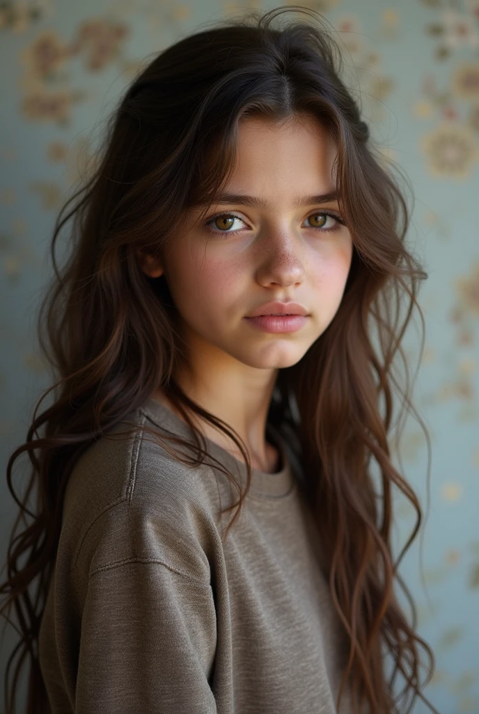 ((Retro sepia photo)), front:1.5, blurry and blurry, discolored sepia:1.2, (portrait красивой 12-летней девочки), Фото front, long hair, clear eyes, I look at the viewer, wear a blouse without a collar, breathtaking artistic photo: 1.2, portrait, evoking a sense of beauty