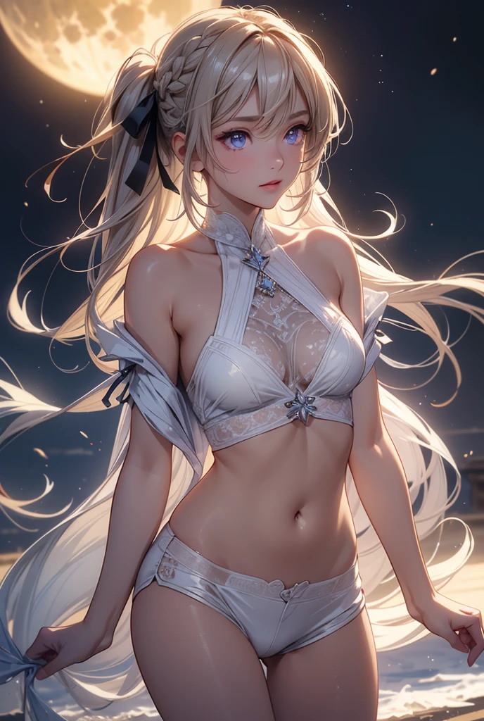 ((masterpiece)), ((Best quality)), (high resolution), (illustration), (an extremely delicate and beautiful), (ultra detailed beautiful face and eyes), nsfw,   1girl, leaning forward,  YukineChris, long hair, purple eyes, twintails, low twintails, ahoge, large breasts,volumetric lightning, moon night,knight_armor
detailed skin texture, detailed, volumetric shadow, anime screencap,Highest quality, Sorceress, ancient babylonian nobility, ((tan skin:1.2)), (brown skin color),Long hair, twin braids, hair ornament, wine colored hair, smile, Below average size breasts, bare shoulders, Leg spread、Groin、Yukine Chris、Wet condition
nude、Wet_shirt,Wet _underwear、tear_underwear
8K, masterpiece, Best_quality, high_resolution, ultra_details, detailed, 1girl, 独奏, looking_at_viewer, upper_body, braid, bangs, white_hair, hair_ribbon, hair_between_eyes, blue shorts、style(open_reg,hip_up)

sidelocks,depth_of_field,french_braid, sharp focus, perfect hands, perfect face, perfect eyes, perfect light, dynamic light, natural light, Masterpiece, Best quality, Cang、green、moon、