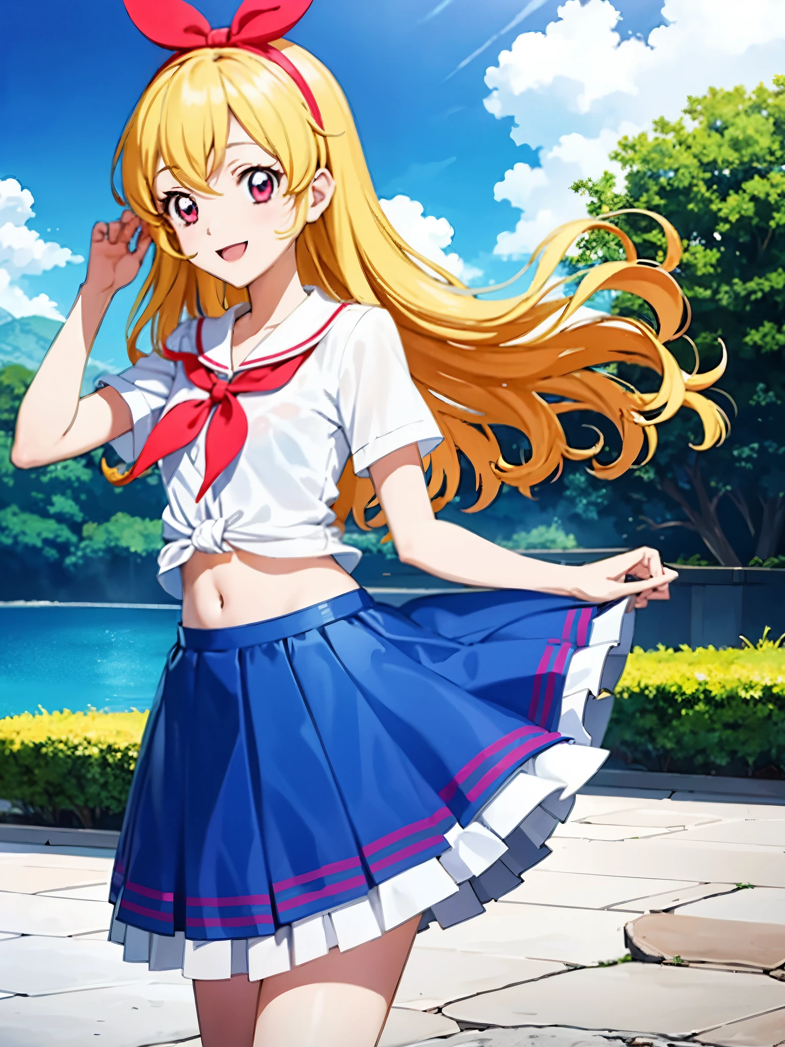 a cartoon image of a beautiful anime girl dressed in anime clothing holding a hose, 1girl, hose, skirt, solo, blonde hair, blue eyes, outdoors, shirt, navel, food-themed hair ornament, midriff, hat, day, sky, open mouth, tied shirt, blue skirt, plaid, looking at viewer, pool, twintails, pleated skirt, cloud, smile, wet clothes, hair ornament, blue sky, plaid skirt, water,Ichigo Hoshimiya (Aikatsu!),Flat_Chest