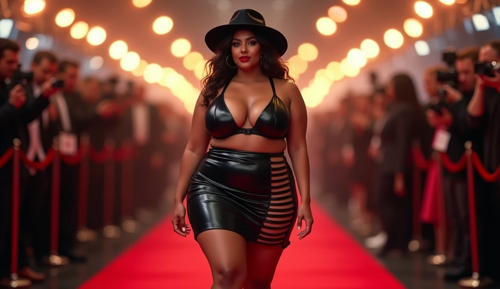 Full body photo of Aishwarya rai as bikini model, leopard print micro bikini, (((knee high boots))), ((catwalk in ramp, surrounded by men)), bright day scene, mature athletic curvaceous hourglass figure, massive cleavage, look at camera, ((bob cut blowing hair)), ((SEXY 50 yo MILF figure)), soft volumetric lights, intricate details, (ArtStation:1.2)