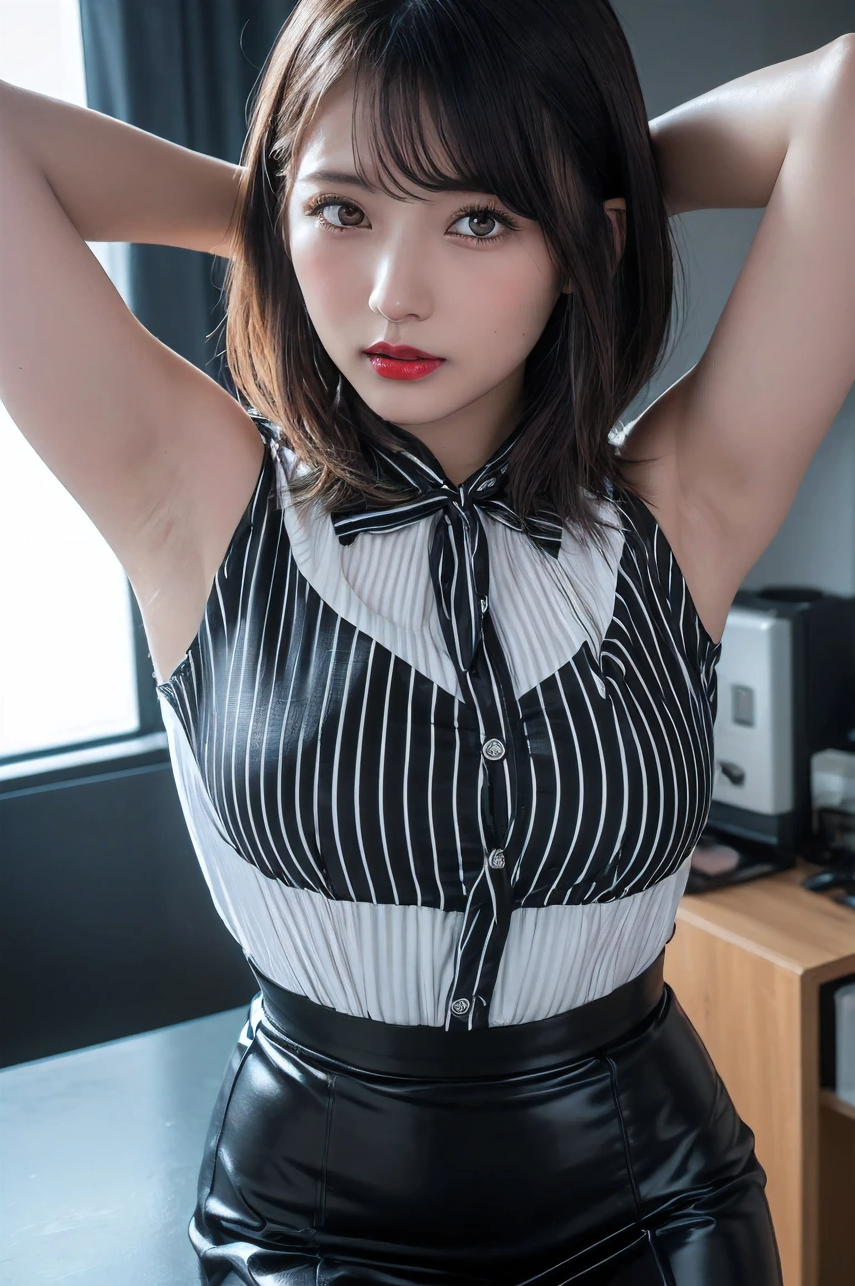 (RAW photo:1.2), (photorealistic:1.4),(masterpiece:1.3),(best quality:1.4), dreamlike, (detailed eyes),(detailed facial features), (detailed clothes features), skin tight, (shiny skin),(slender girl),(slim girl), 1girl, VeronicaCipher ,solo, cute, smlie, bangs, short brown hair, , black eyes, (medium breast), ((blouse)), dynamic pose, (Kodak Film color) ((not see the camera)) ((white Studio) (studio light),(thigh highs),(tie)