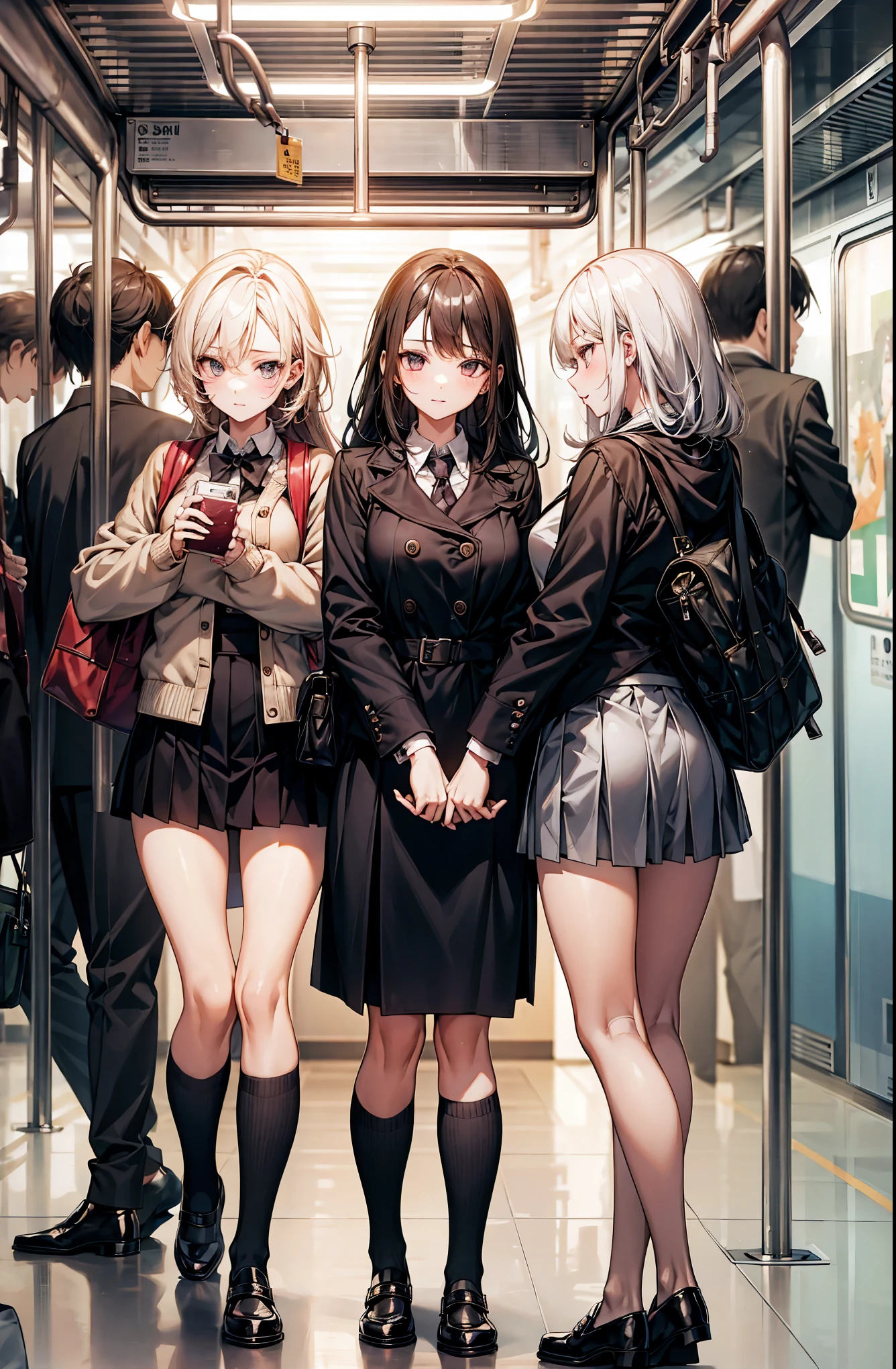 (1 girl, have to pee, peeing herself, peeing, peeing self, crying, very desperate to pee, have to pee, have to pee, peeing, peeing self, peeing, peeing self:1.5), (girl and other many girls waiting in line restroom, winter clothes, mini skirt, pantyhose, city, foot ware, 1 small bag, have to pee, covering crotch, knees together and feet apart, hand between legs:2), (leaning forward, erotic twist of the body:1.6), (Raspy breath, shaded face, despair, impatient, full face blush, embarrassed, empty eyes, constricted pupils, looking afar:1.5), (girl can't stand up straight:1.5), (detailed face, best quality:2), (makeup), open mouth, from side