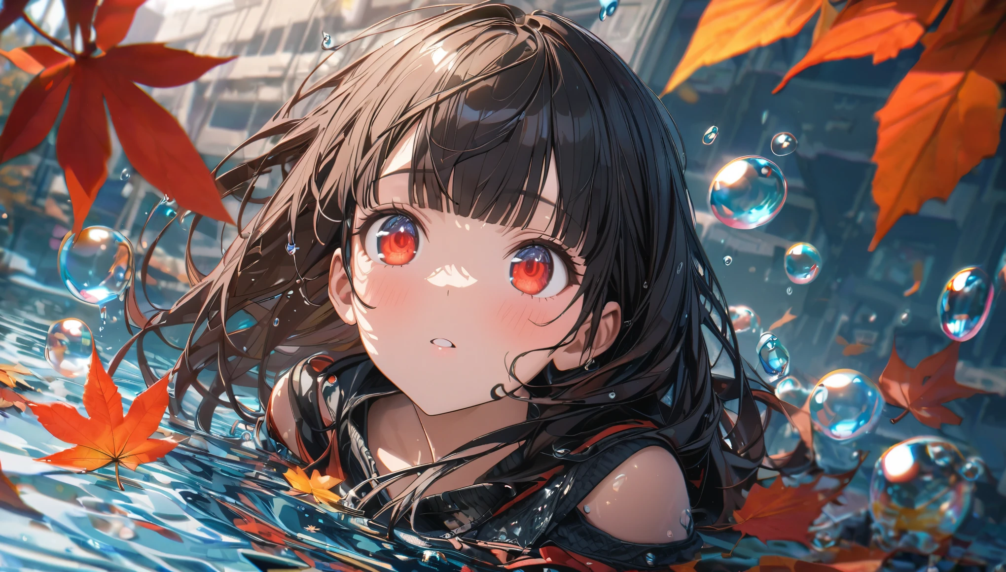Anime girl in the water with red eyes and brown hair - SeaArt AI