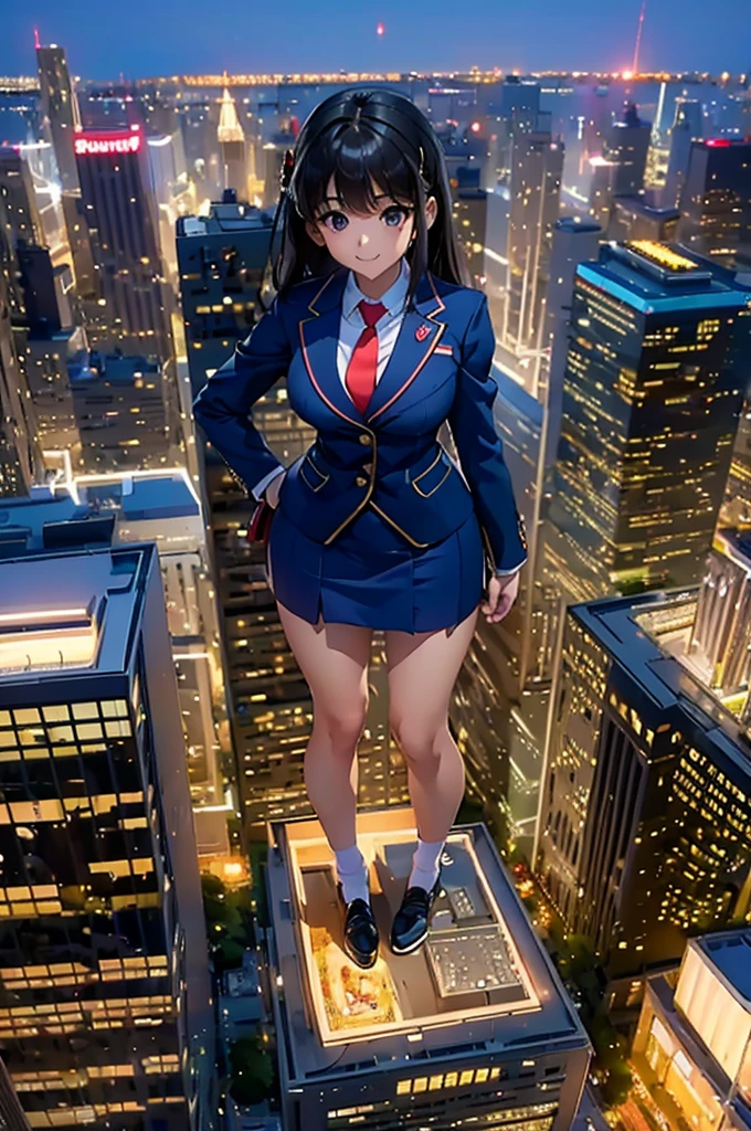 (Super Best masterpiece giant Art), (16K, Highest quality, Ultra-high resolution, real scale), (Japanese High School Girl, Satomi), (Very accurate height, Giant Height 1,000m), (Blue Uniform, Japanese style blazer, short black mini skirt, Red tie, White socks, Navy blue leather shoes), (Very beautiful and detailed girl, Accurate body structure, Accurate body movements, Very detailed body), (Big Breasts, J-Cup), (Skyscrapers up to 500m tall), (In comparison with the giants, A very, very micro metropolis, Trying to destroy a miniature metropolis, Full body description, Invincible smile, Super Giga Giants, Crush City, Small Town, Micro City), (AM10:00), Approaching 1,000m Giants Feeling Despair, The overwhelming power of the giant, Clear perspective depiction