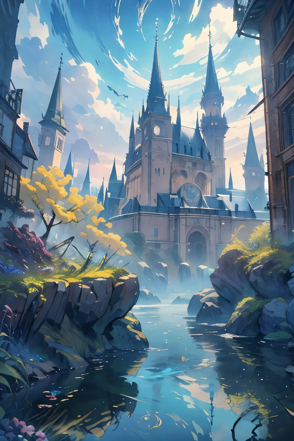 ((best quality)), ((masterpiece)), (detailed), split image, upper half is a modern day city setting, lower half is a fantasy medieval setting with a palace in the background, dragonflies flying through both lower to upper part of the images, a golden crown is placed on the middle of the image, high quality, Surreal art, shimmer, Approaching perfection, Ultra High Quality, Reflective materials, shadowy, Volumetric lighting, 8K resolution, ultra-detailed, beautiful and delicate detail