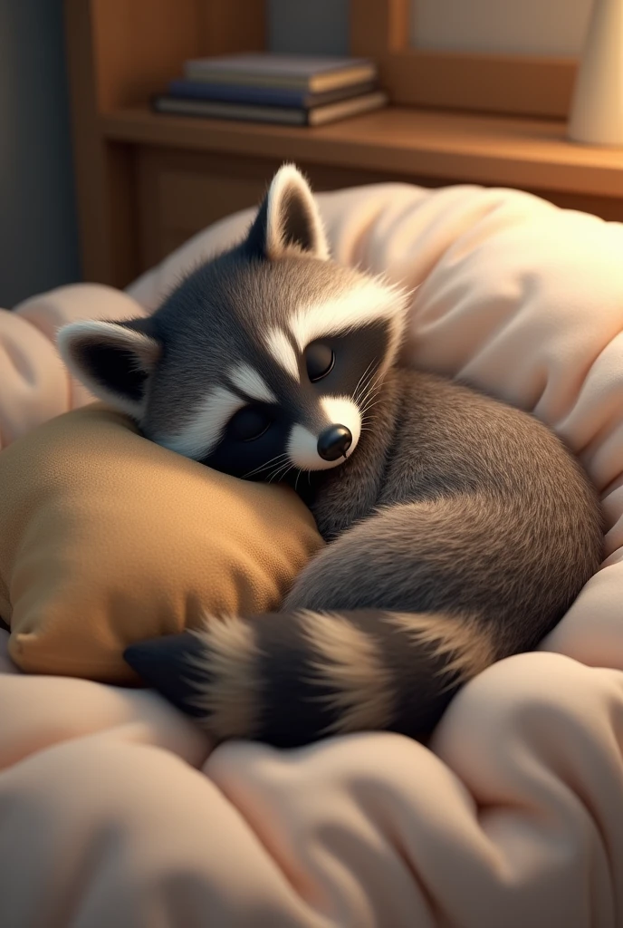 fantasy  head shot of adorable (fluffy, feral Raccoon), (detailed  face, closed eyes ), (solo focus:1.2), sleeping,snuggling, wrapped in silk blanket,  on belly,  bright theme, white dreamy soft lighting, (animal:0.8), (fluffy detailed body fur:1.1), cute paws, fluffy tail, masterpiece, highres, by Jeremy Lipking, by Antonio J Manzanedo, (by Alphonse Mucha:0.5)  , (adorable, smirk, lovely:1.1), abstract background,