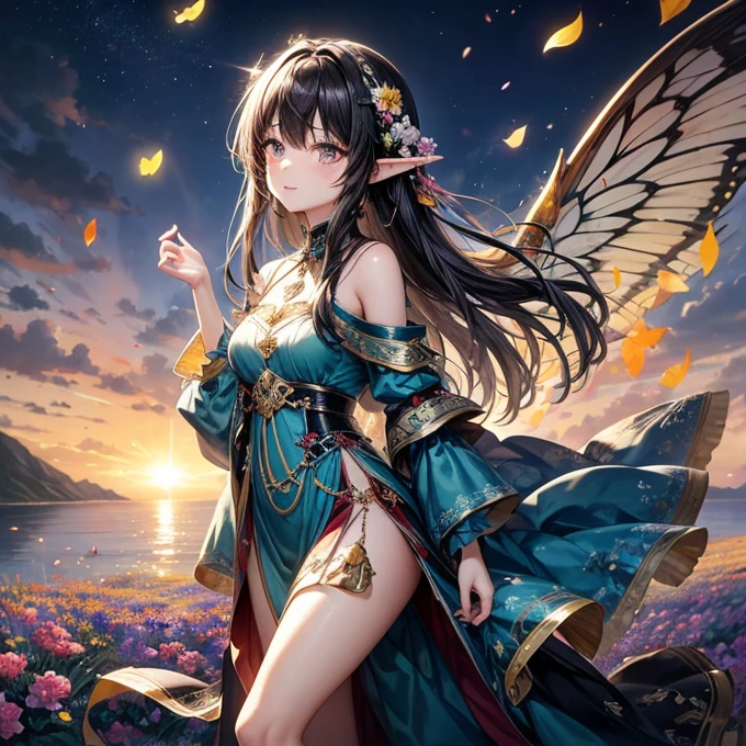 (masterpiece, Top quality, best quality, Official Art, beautiful and aesthetic:1.2), (1 Girl), Extremely detailed,(Fractal Art:1.3),rich and colorful,The most detailed environment：
 
- Colorful sea of flowers，Purple lavender、Pink cherry blossoms、Sunflowers intertwined，Forming a colorful ocean。
- A thin mist filled the sea of flowers，Like a veil，Adds a mysterious atmosphere。
- In the distance are rolling green hills，Surrounded by light blue clouds，Looming。
- A few white clouds floating in the clear blue sky，Various shapes。
 
Elf：
 
- 一个美丽的Elf女孩，Has transparent wings，The wings shimmer with colorful light。
- The girl is wearing a light green dress，The skirt flutters gently in the wind，As if blending in with the surrounding flowers。
- Her long hair falls on her shoulders like a golden waterfall，A few small flowers dotted in the hair。
- Elf女孩手中拿着一根闪烁着光芒的魔法棒，The rod head is inlaid with a dazzling gem。
- She stood on a huge rock in a sea of flowers，Slightly tilt your head，His eyes were full of curiosity and longing.。
 
detail：
 
- Dewdrops hang on the flowers，shining brightly in the sun。
- Butterflies dancing in the sea of flowers，Colorful，与Elf女孩相互映衬。
- The ground is covered with fallen petals，Like a colorful carpet。
- The sun shines through the gaps in the leaves，Golden beams of light are formed。