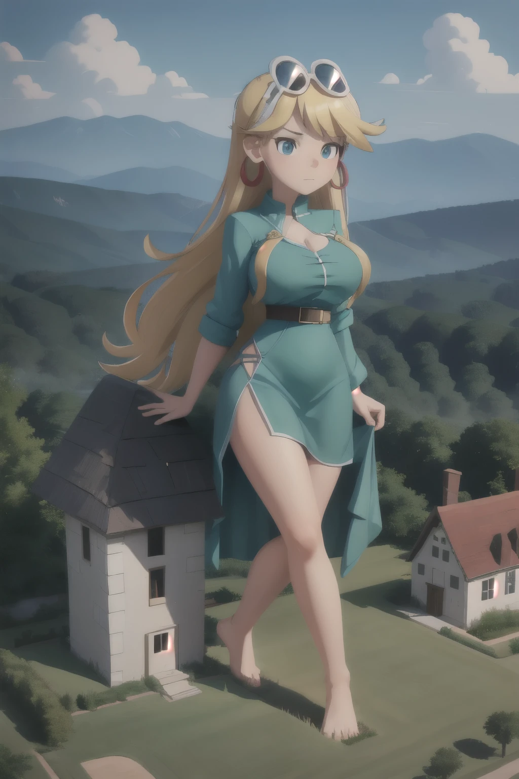 giantess looming over a single house in a field, kneeling, partially obscured, kneeling over a house in a field, one leg obscured, 1leg, tower between her legs, destroying a building, destruction, debris, crushing a building, tiny building between her legs
one house, spread legs:1.5, legs spread:1.5, giantess in a field with a house, cowgirl position:2
house obscuring view,
Forests, flowers, lakes, blue sky, white clouds, cutebuild style masterpiece, best quality, highres, leni loud, blonde hair, long hair, green dress, earrings, sunglasses on head, hoop earrings, big breast, big butt, barefoot, GTS, giantess, 1girl, solo, (Kneeling on top of a building), partially obscured, countryside, nature, rural, grass, mountains in the background, daytime, outdoors, partially obscured:3, looking down, fence in the foreground, building between legs, trees,
BREAK (16k, highres, high quality, masterpiece, ultra detailed, perfect lighting:1.1), looking down,
masterpiece, best quality, 1girl, solo,
destruction, rampage, debris, rubble,