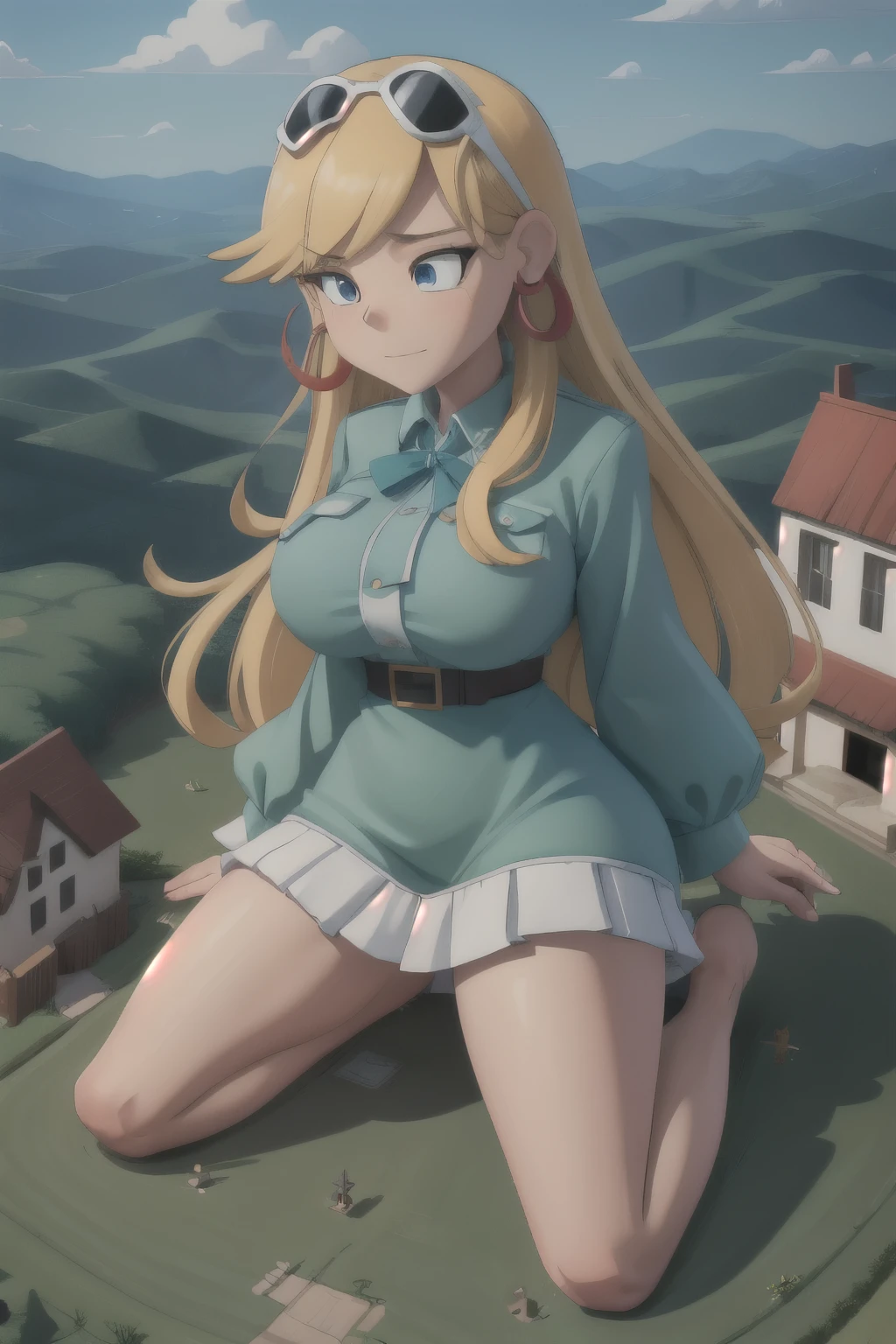 giantess looming over a single house in a field, kneeling, partially obscured, kneeling over a house in a field, one leg obscured, 1leg, tower between her legs, destroying a building, destruction, debris, crushing a building, tiny building between her legs
one house, spread legs:1.5, legs spread:1.5, giantess in a field with a house, cowgirl position:2
house obscuring view,
Forests, flowers, lakes, blue sky, white clouds, cutebuild style masterpiece, best quality, highres, leni loud, blonde hair, long hair, green dress, earrings, sunglasses on head, hoop earrings, big breast, big butt, barefoot, GTS, giantess, 1girl, solo, (Kneeling on top of a building), partially obscured, countryside, nature, rural, grass, mountains in the background, daytime, outdoors, partially obscured:3, looking down, fence in the foreground, building between legs, trees,
BREAK (16k, highres, high quality, masterpiece, ultra detailed, perfect lighting:1.1), looking down,
masterpiece, best quality, 1girl, solo,
destruction, rampage, debris, rubble,