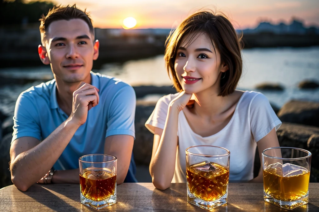 (Realistic, 超Realistic:1.4), 16k hdr, High resolution,Brown short hair,The best smile、Japanese actress,Super Beauty(Like the real thing),Short sleeve dress,Whiskey bottles、The Macallan、Johnnie Walker、、Old Parr、whiskey、Suntory、Nikka、Slim Couple、Model Couple、(Realistic, Intricate details:1.2), full-course dinner、Whiskey bottle and glass on the table、Single Malt、scotch、Rocks glass、Shot Glass、Whisky on the rocks、Scotland、Amazing view of the sunset sky and clouds、,Digital single-lens reflex camera, Soft lighting, Detailed Background, Written boundary depth, Volumetric lighting, Sharp focus, super Realistic 肌,super beautiful expression,Cloud Effect:1.2、プロ品質のHigh resolution、Realistic facial features,Highest quality,Slim figure,Highly detailed face,Highly detailed eyes,Beautiful Lips,Excellent light particles,Cinema Lighting,blue eyes,