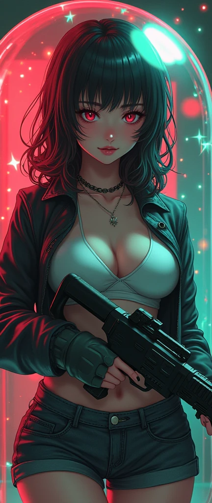 beautiful white female, wearing mesh, dynamic pose, holding lightsaber, fighting several levitating attacking lightsabers, sunglasses, nighttime, black straight hair, rainy, no umbrellas, all black outfit,  tokyo setting, neon blue lights, wet hair, wet body, black jacket, black pants, black nail polish, depressed, dim lighting, fringes, tendrils, wet hair on face, cleavage, toned body, eyeliner, eyeshadow, black collar