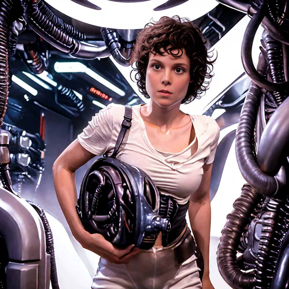 ((Xenomorphic alien)) Alien Movie ((ellen ripley))  A 30-year-old woman holds up wearing white panties and a white tight trunk., brown wavy curly hair, hourglass body,  perfect hands perfect body perfect eyes, location in a futuristic spaceship, big chest, cowboy shooting stance, mid-range shot, sensual look, extremely detailed, ultrarealistic,  cinematic lighting, Realistic light