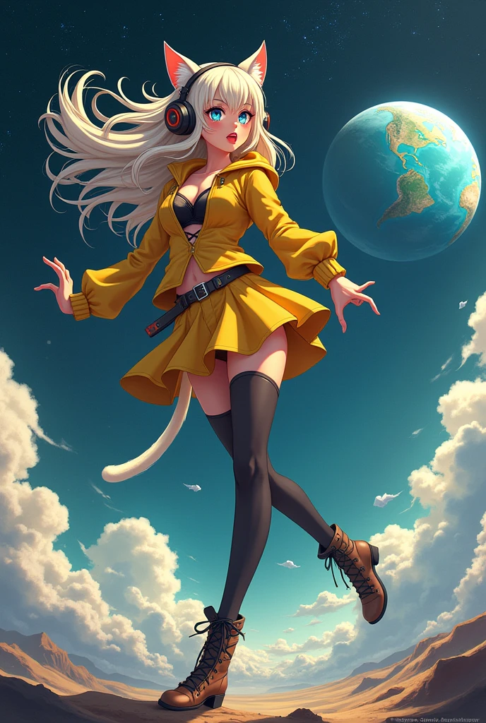 Annie Stegg, Yuko Shimizu, Surreal, mysterious, bizarre, fantastic, fantasy, sci-fi, Japanese anime, cubic moon on the horizon, beautiful high school girl in a miniskirt flying on a giant origami crane, perfect voluminous body, big tits sexy erotic ass. Happy smile, action, cirrus clouds, detailed masterpiece