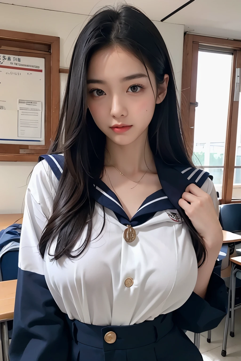 Highest quality, RAW Photos, Realistic, face, Incredibly ridiculously beautiful, cute, Long Hair, Depth of written border, High resolution, 超detailed, detailed, Very detaileded, extremely detaileded eye and face, Sharp pupils, Realistic student, Sharp focus, Cinema Lighting, Flat Chest, small breasts, small,( small bust: 1.2), The usual bust, (The usual), thin, Delicate and sexy collarbone, (Sailor suit:1.2), (Lifting Sailor suit to show off a small white bra:1.5)))、