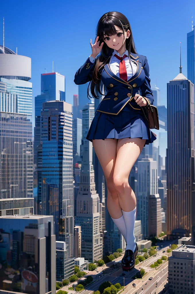 (Super Best masterpiece giant Art), (16K, Highest quality, Ultra-high resolution, real scale), (Japanese High School Girl, Satomi), (Very accurate height, Giant Height 15,000m), (Blue Uniform, Japanese style blazer, short black mini skirt, Red tie, White socks, Navy blue leather shoes), (Very beautiful and detailed girl, Accurate body structure, Accurate body movements, Very detailed body), (Big Breasts, J-Cup), (Skyscrapers up to 500m tall), (In comparison with the giants, A very, very micro metropolis, Trying to destroy a miniature metropolis, Full body description, Invincible smile, Super Giga Giants, Crush City, Small Town, Micro City), (AM10:00), Approaching 15,000m Giants Feeling Despair, The overwhelming power of the giant, Clear perspective depiction