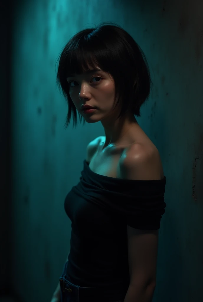 night、Dark Room、Woman with beautiful face、Lonely、Expressionless、Bodyline