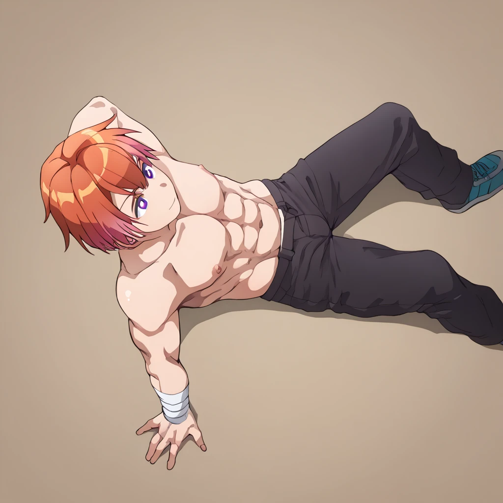 score_9, score_8_up, score_7_up, rating_explicit, source_anime, male focus, male, 1boy, black cargo pants, torso bandage, dynamic angle, above angle, neon hair, pumpkin spice, purple hue, simple background, illustration, fanart