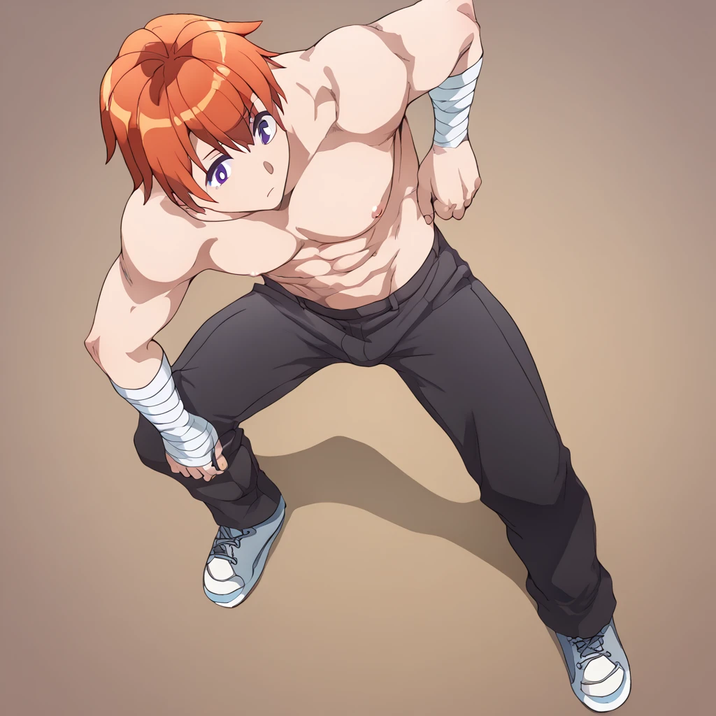 score_9, score_8_up, score_7_up, rating_explicit, source_anime, male focus, male, 1boy, black cargo pants, torso bandage, dynamic angle, above angle, neon hair, pumpkin spice, purple hue, simple background, illustration, fanart