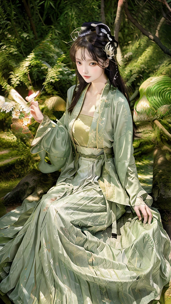 Lush bamboo forest，Calm down，beauty，oriental woman，Phoenix Eyes，hair accessories，long hair shawl,Big breasts，Wearing green ancient fairy robe，Sitting by the bamboo forest，Play the flute solo