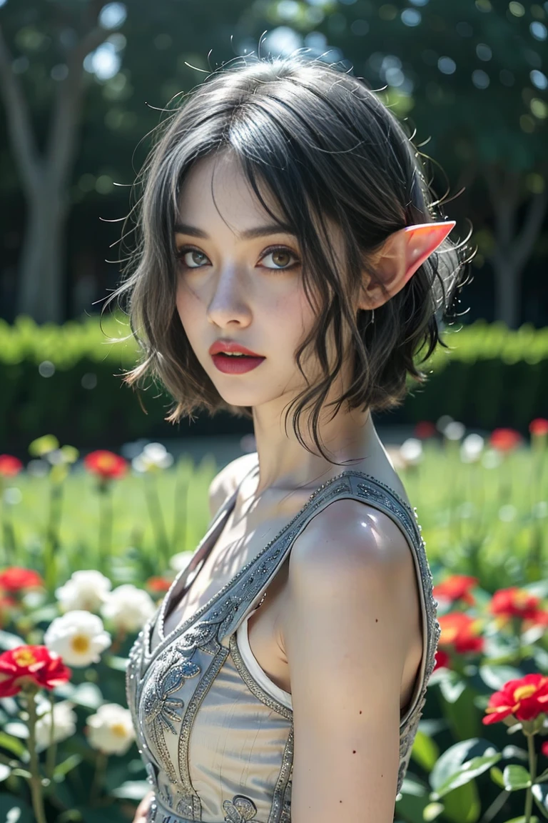 (masterpiece, best quality), super detailed, portrait, 1girl, beautiful girl, elf, (upper body), gray eyes, white dress, short hair, ((silver hair)), standing, flower garden in Background, soft lighting