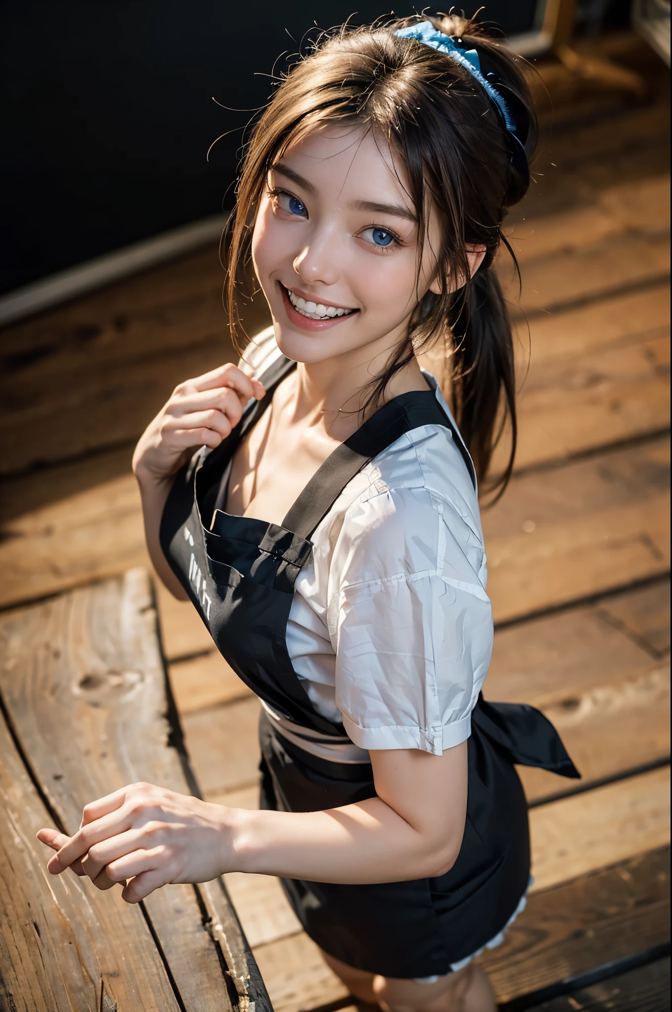 (dynamic angle:1.3, front view:1.1, breast focus:1.3, from above:1.1), (dynamic posing:1.2, sexy posing:1.2), (seductive smiling:1.3), ((looking at cake,Taking a cake out of the golden oven, worried about the outcome:1.2)),highest quality、(real、photorealistic:1.4),(ultra high resolution, 8K RAW photo, clear focus), best qualtiy, natural lighting, field depth, (Bright pupils, detailed beautiful eyes, high detailed face), Red lip, (tight focus:1.2), a girl 22yo old, Wearing a pastry chef uniform:1.3 , Thicc, thin breast, long hair, blue eyes,a pastry pretty girl:1.1, (highly detailed beautiful face and eyes,small breasts),real skin,((black,hair,long pony tail hair)),thin pubic hair,cute,lovely, detailed eyes,(double breasted:1.0,under bust:1.0),(with sparkling eyes and a contagious smile),open mouth, Looking at Viewer,A scene of cooking in the kitchen with the oven made by goldden