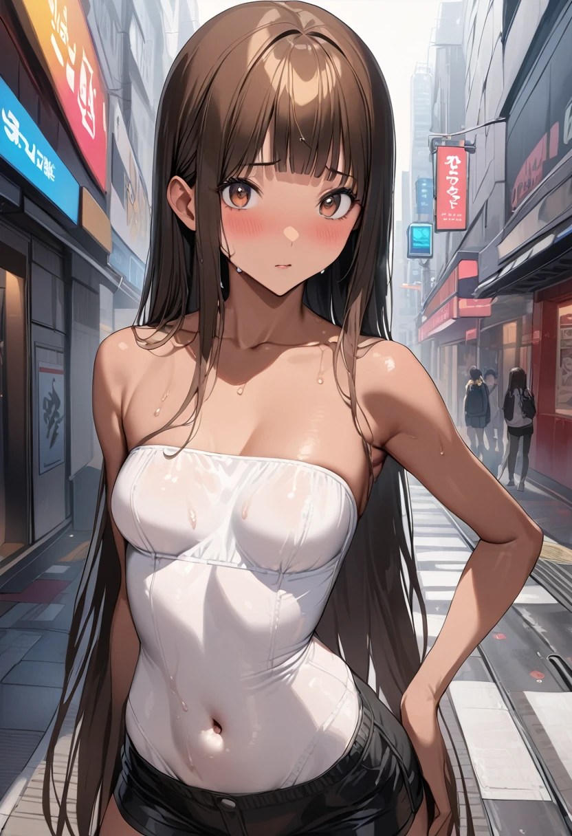 ((masterpiece,Highest quality;1.3,best illustration)),cowboy shot,1woman、25 year old beauty、独奏,((very small head:1.5)),dark brown hair,long hair,bangs,brown eyes,gorgeous eyes,blush,small breasts,((very long body:1.3)),((toned body,slender body,skinny)),gleaming skin,shiny skin,oily skin,(Soaked in the rain、Black zip-up hoodie outer jacket、White tight T-shirt、denim micro shorts)、barefoot、White sneakers、Black rucksack、sitting,heavy rain、rain、on street,Tokyo,nsfw,