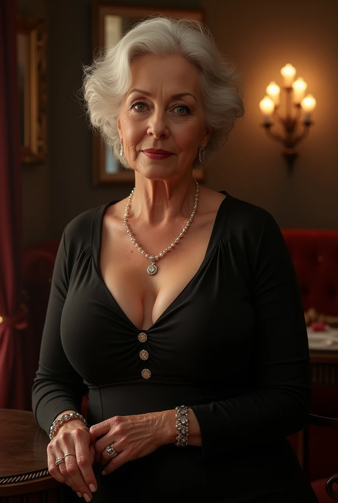 portrait of a 80-year-old woman with gray hair, seductive gaze, medium shortly old gray hair, blue eyes, a lot of wrinkles on her face, old woman, detailed wrinkles (8K, high resolution、The ultra quality,  An ultra-high picture quality、Ultrarealistic、Best Quality、masuter piece:1.2)(medium chest、Large cleavage:1.2) medium breasts are exposed、(Old women in Europe) beautiful evening dark blue dress, eyes visible through hair, proper eye position,cinematic light, , soft light, hips, night time, soft moonlight, detailed background, clear background, milf, highly detail, 8k, a table in a restaurant on the roof of a skyscraper hotel in the open air, view of the whole city background