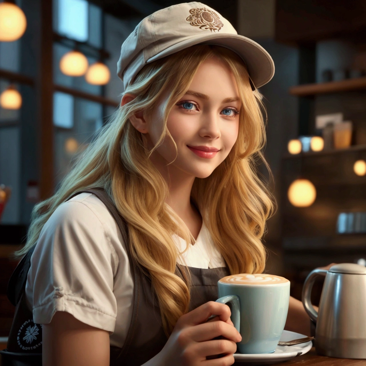 A beautiful blonde girl,in a coffee (barista) with a cap on his head,smile, looking at the viewer, blue eyes, High resolution, foreground, realism, 