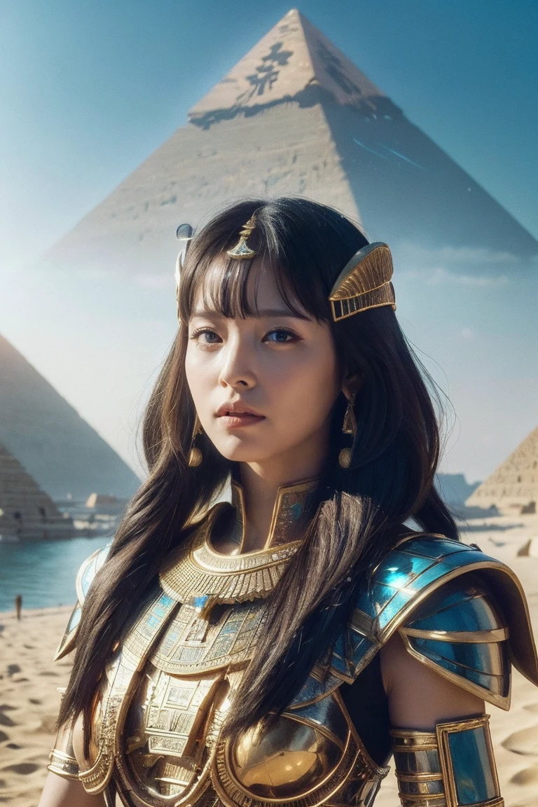 ((Highest quality、8k、masterpiece:1.3))、Photorealistic, Sharp focus, high resolution, High resolution, Portraiture, One person, woman, beautiful woman, sexy、古代エジプトを歩くエジプトのwoman戦士、Complex technology, Pyramids and ancient Egyptian cities far away、cyber-、Light and shadow、Cyan Light、