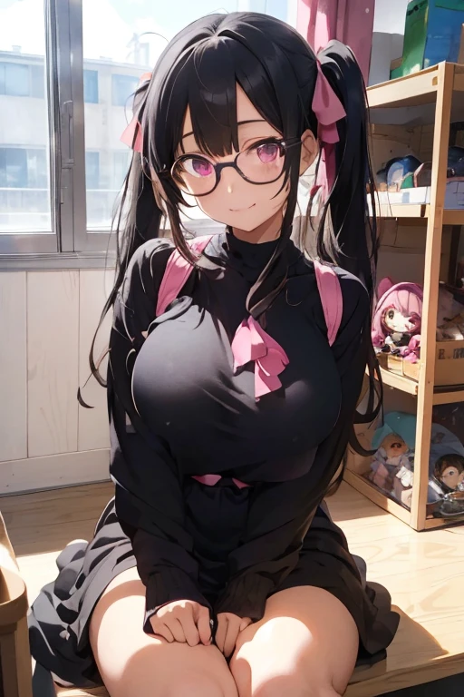 that she has an extremely bold chest disease that she has pink hair a black beret with pompoms black glasses rose eyes an extremely blushing pink censorship box a short black skirt black stockings white sneakers and that she is a shy girl