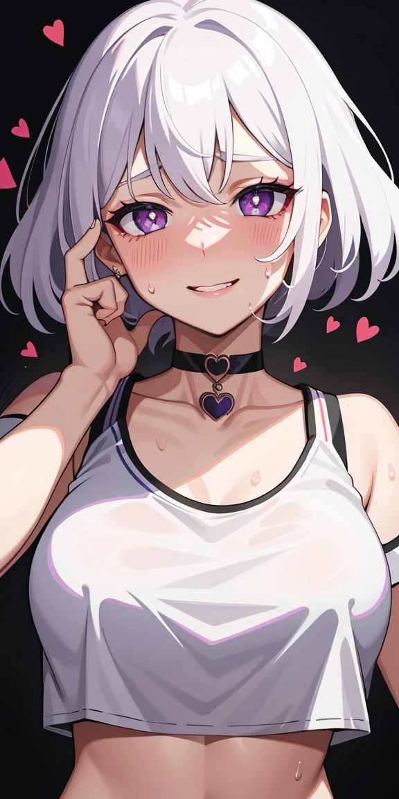 nsfw,1girl,White hair,purple hair,masterpiece,best quality,very aesthetic,absurdres,shy,,character image,silvery white,pale color, chromatic aberration,brightness,saturations,heart hands,breasts apart,pasties,shiny,Areola,Sensitive,nippleless,Gradient Color,