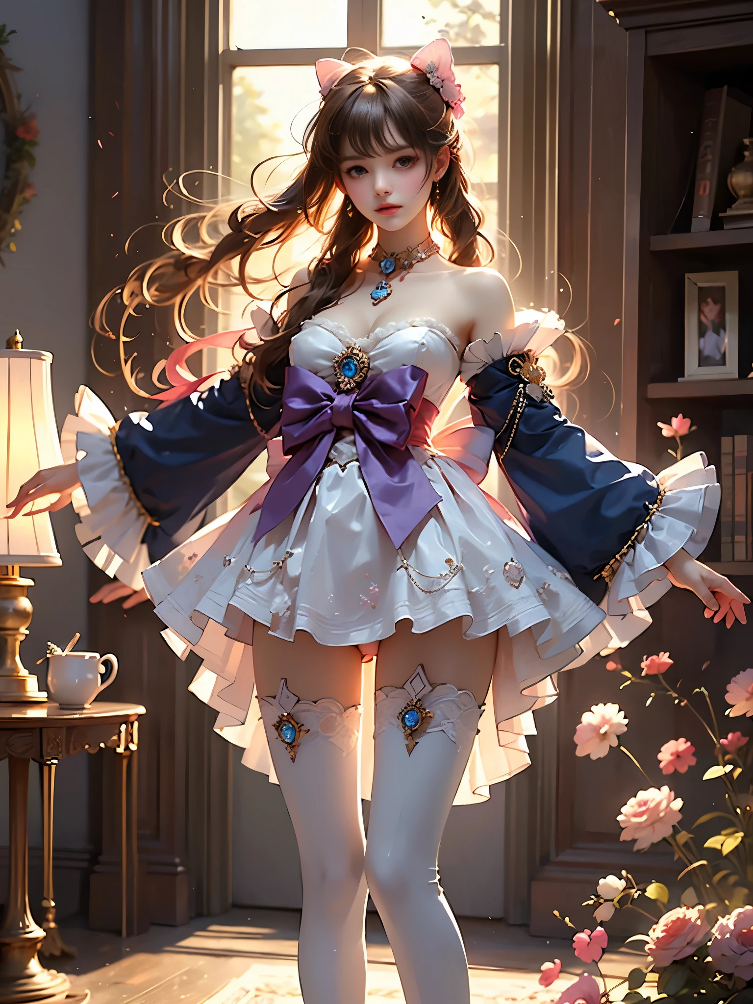 sangonomiya kokomi,hair ornament,white pantyhose,white half gloves,frilled sleeves,bow-shaped hair,bow,detached collar,sandals,white panties,1girl,独奏,widesleeves,longhair,purple eyes, , (masterpiece, best quality:1.2), 1 Girl, Solitary, Ultra-realistic, Reality, ((Anatomically correct legs)), (Perfect leg proportions:1.3), (Real and accurate leg shape:1.2), Smooth skin, Visible knee and ankle joints, No leg twisting, Support your body on your elbows, Lean your upper body back slightly, (Golden ratio figure), Messy hair, Elegant and delicate makeup, Visible flushing, Shy and dignified expression, Visible cleavage, One hand to adjust the skirt, Very detailed, hyper detailed textures, Focus on anatomy and proportion, Natural lighting and shadows, ((Natural reclining posture, Anatomically correct, Detailed facial features, Soft lighting, high resolution, 8K, Clear focus, Professional photography)), Glass texture, Light transmittance, Spectrum Light, 渐变半Clear glass熔体, Corrosive, Clear glass