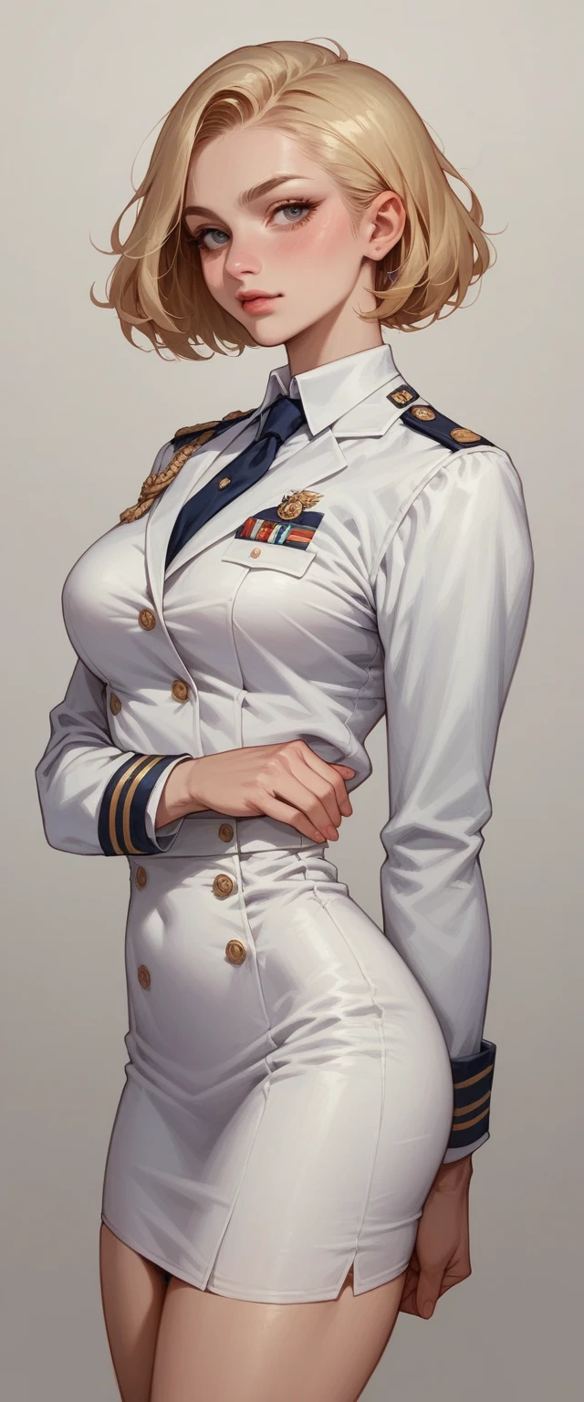 A sexy blonde girl with a voluptuous body wearing a new short naval dress uniform, It&#39;s too sexy and sensual, It has white lingerie with gold, It is for the exclusive use of your wife, a dress with a half-nipple neckline, low-cut back and only covers half of the ass and fishnet stockings that say armi and sexy high-heeled sandals 35 cm high with bows and shiny gold reflective sexy sensual uniform in the neckline has pants with Mexican naval flag, Sexy girl full body white sexy high heel sandals with white high stockings slutty tight dress with neckline that reveals the nipple