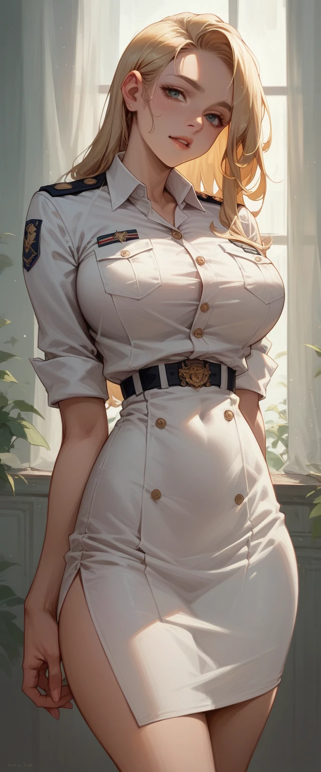 A sexy blonde girl with a voluptuous body wearing a new short naval dress uniform, It&#39;s too sexy and sensual, It has white lingerie with gold, It is for the exclusive use of your wife, a dress with a half-nipple neckline, low-cut back and only covers half of the ass and fishnet stockings that say armi and sexy high-heeled sandals 35 cm high with bows and shiny gold reflective sexy sensual uniform in the neckline has pants with Mexican naval flag, Sexy girl full body white sexy high heel sandals with white high stockings slutty tight dress with neckline that reveals the nipple