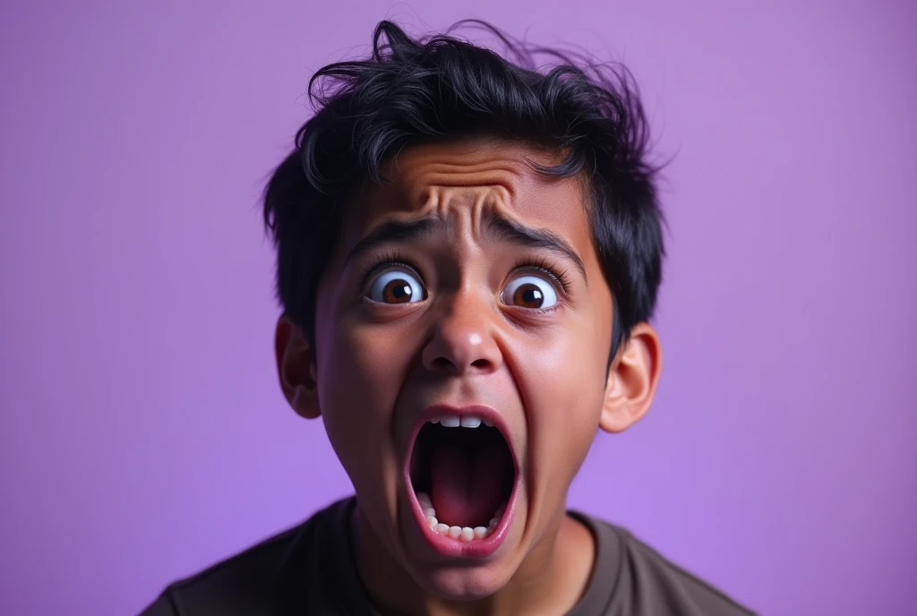 It features a young Indian boy with a realistic surprised expression on his face, covering his mouth with his hands and seeing ahead. he is wearing a blue shirt and has black hair. The background is white