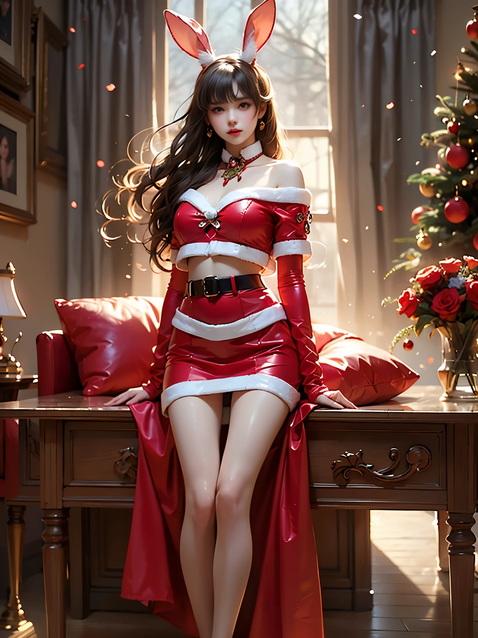 rebellion, bare shoulders, belt, crop top, red pencil skirt, miniskirt,christmas_dress,Fur trim, red fingerless gloves, midriff, Santa costume, rabbit tail, rabbit ears, fake animal ears, , (masterpiece, best quality:1.2), 1 Girl, Solitary, Ultra-realistic, Reality, ((Anatomically correct legs)), (Perfect leg proportions:1.3), (Real and accurate leg shape:1.2), Smooth skin, Visible knee and ankle joints, No leg twisting, Support your body on your elbows, Lean your upper body back slightly, (Golden ratio figure), Messy hair, Elegant and delicate makeup, Visible flushing, Shy and dignified expression, Visible cleavage, One hand to adjust the skirt, Very detailed, hyper detailed textures, Focus on anatomy and proportion, Natural lighting and shadows, ((Natural reclining posture, Anatomically correct, Detailed facial features, Soft lighting, high resolution, 8K, Clear focus, Professional photography)), Glass texture, Light transmittance, Spectrum Light, 渐变半Clear glass熔体, Corrosive, Clear glass