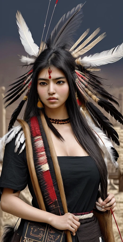 (bald:0.7, masterpiece), miaobishenghua, raw photo, small cabin, slim body, (ultra detailed, global illumination), peaceful dark night, intricate details, steampunk, doubloons, symmetrical, grass, ((wearing a long headdress of native American chief:1.2)), colorful, low-tied long hair, portrait, fantasy, beautiful detailed face, (finely detailed beautiful eyes: 1.2), raytracing, illustration, from below, Chromatic Aberration, professional