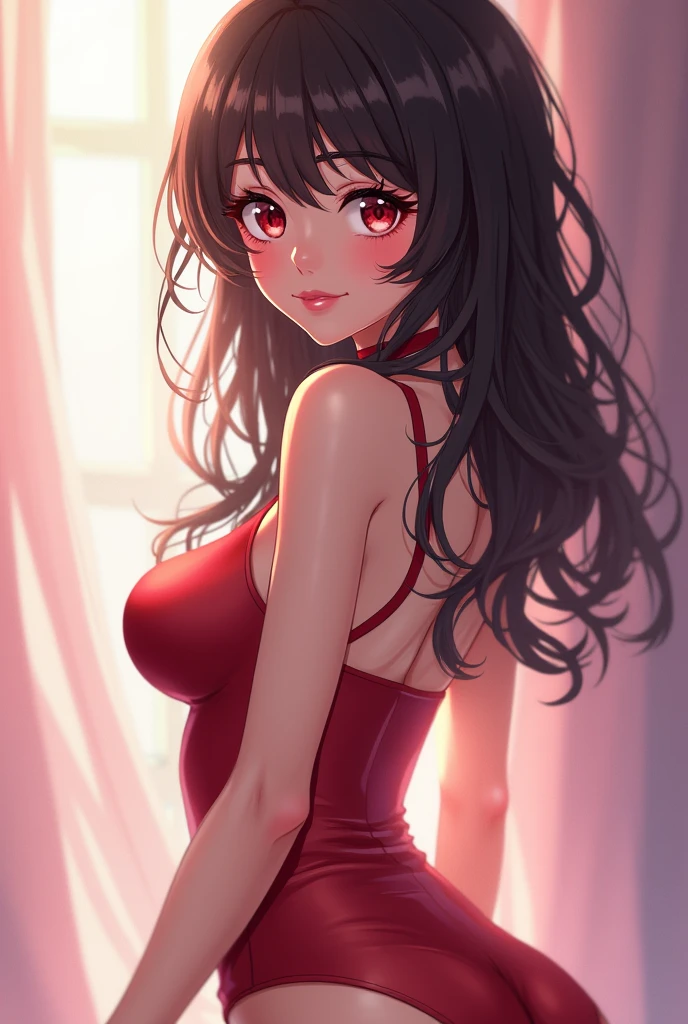 cute anime character girl, hot attractive sister, sticking tongue out, messy wavy long hair, brown skin, red eyes, choker with heart pendant, round earrings, long nails, wearing loose baggy hip-hop fashion, attractive and seductive face, slutty, orgasm, make-up, superlative body proportion, indoors, heart effects, 2.5D, delicate and dynamic, graphic CG digital art