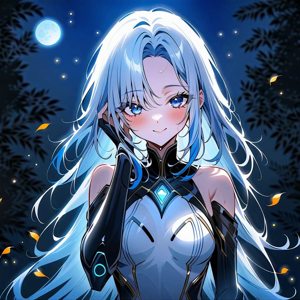 Portrait of Luna, mysterious young woman, mid-20s, long flowing silver hair sparkles like stars, large deep blue eyes reflect night sky and city lights, slim tall figure, elegant futuristic outfit in dark tones with luminous elements, hair and clothes partially merge with night cityscape, soft ambient light, musical notes and light particles float from hands, serene thoughtful expression, modern city skyline at night background with skyscrapers and twinkling lights, anime style, dreamy lighting, cyberpunk elements, crescent moon in sky, highly detailed, 8k resolution, cinematic lighting