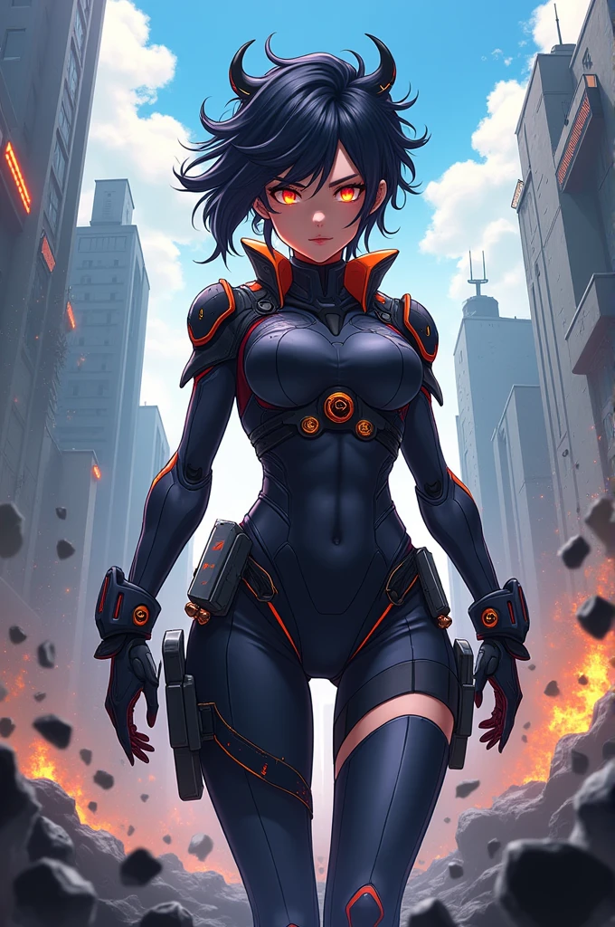 1female, black hair, yellow eyes, angry expression, short spiked hair, red white and blue super suit, city background, detailed background, detailed face, waving, standing