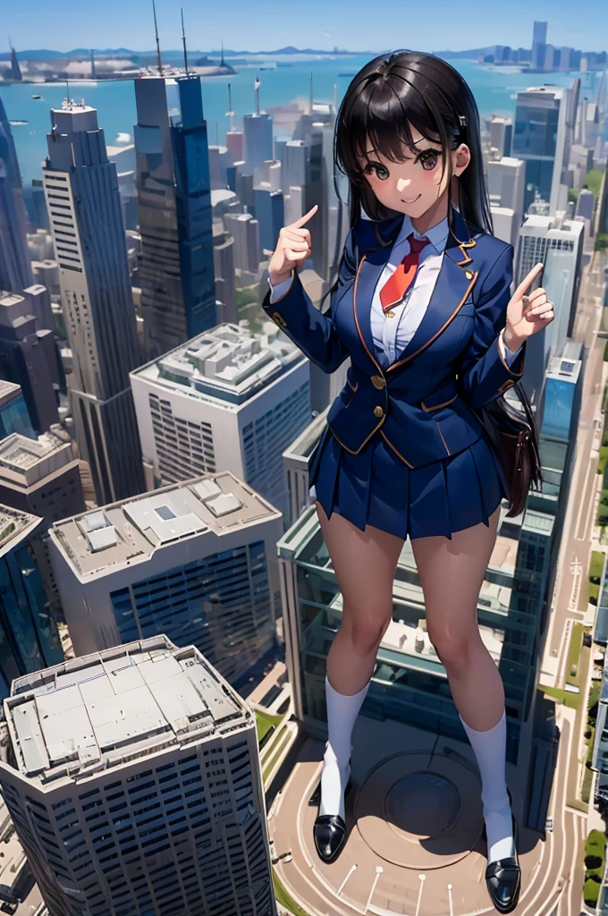 (Super Best masterpiece giant Art), (16K, Highest quality, Ultra-high resolution, real scale), (Japanese High School Girl, Satomi), (Very accurate height, Giant Height 50,000m), (Blue Uniform, Japanese style blazer, short black mini skirt, Red tie, White socks, Navy blue leather shoes), (Very beautiful and detailed girl, Accurate body structure, Accurate body movements, Very detailed body), (Big Breasts, J-Cup), (Skyscrapers up to 500m tall), (In comparison with the giants, A very, very micro metropolis, Trying to destroy a miniature metropolis, Full body description, Invincible smile, Super Giga Giants, Crush City, Small Town, Micro City), (AM10:00), Approaching 50,000m Giants Feeling Despair, The overwhelming power of the giant, Clear perspective depiction