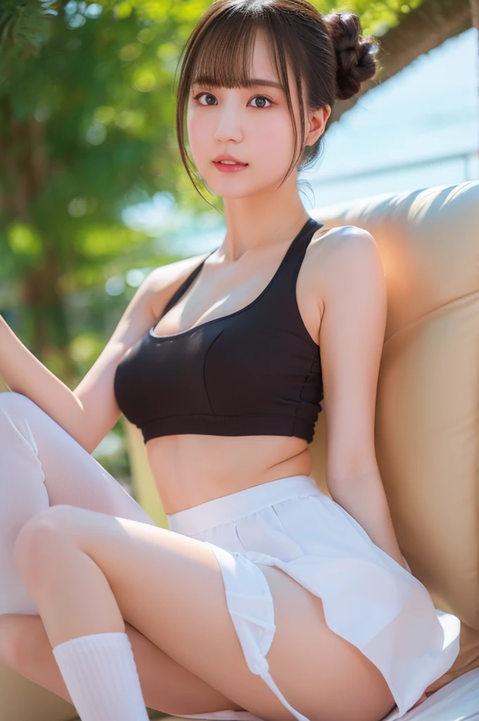 (Best quality, 8k, Masterpiece :1.3), (realistic, photorealistic: 1.37), (1girl), (Pretty woman in her 20s), (slim), (emphasizing slender abs :1.3), (Japanese), (tank top with mini skirt), (black panties), (choker on neck), (random sexy pose, spread legs), (long wavy hair), (large breasts :1.3), (outdoors), (Ultra-detailed face), (Detailed eyes), (Double eyelids), (eyeshadow intensifying), (many eyelashes), (perfect body), (long legs), (professional lighting), (photon mapping), (radiosity), (looking directly at viewer)