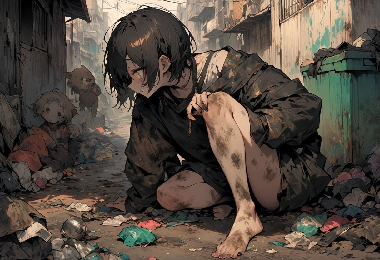 High resolution, masterpiece, Highest quality, Gothic Horror, Half demon boy, (Interacting with a dirty stray dog),  Bad look in the eyes, Alien, Glittering eyes, covered in rags, barefoot, corrosion, Slums, Garbage dump, Alienの住人