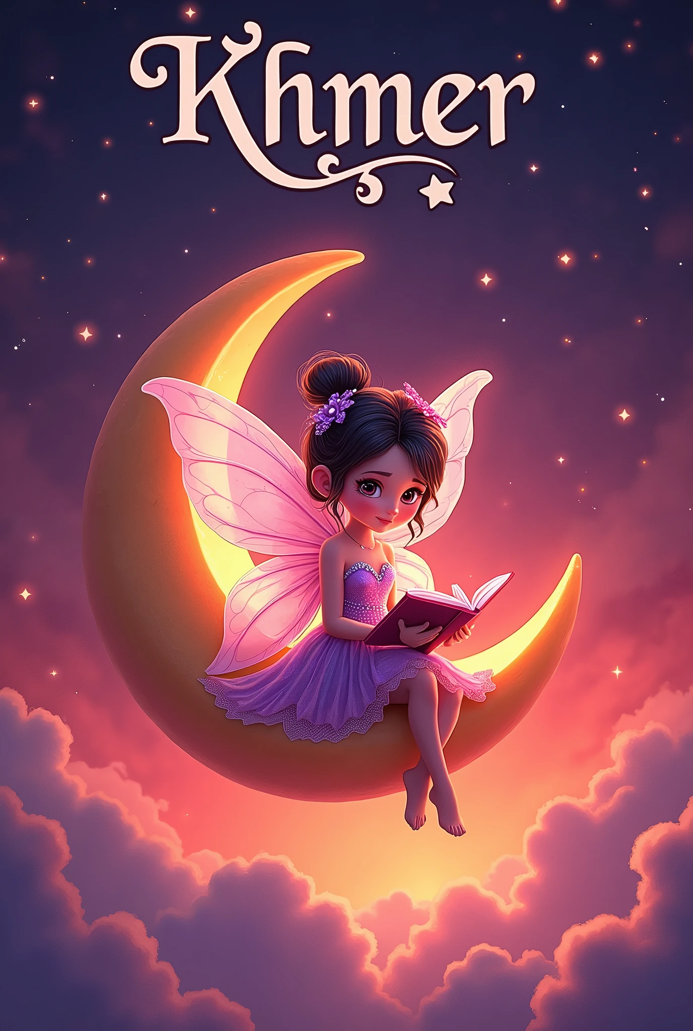 Arafed image of a fairy sitting on a crescent reading a book - SeaArt AI
